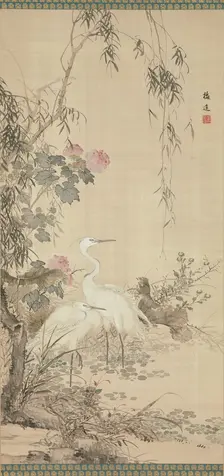 Egrets, Peonies, and Willows, early 19th century. Creator: Yamamoto Baiitsu