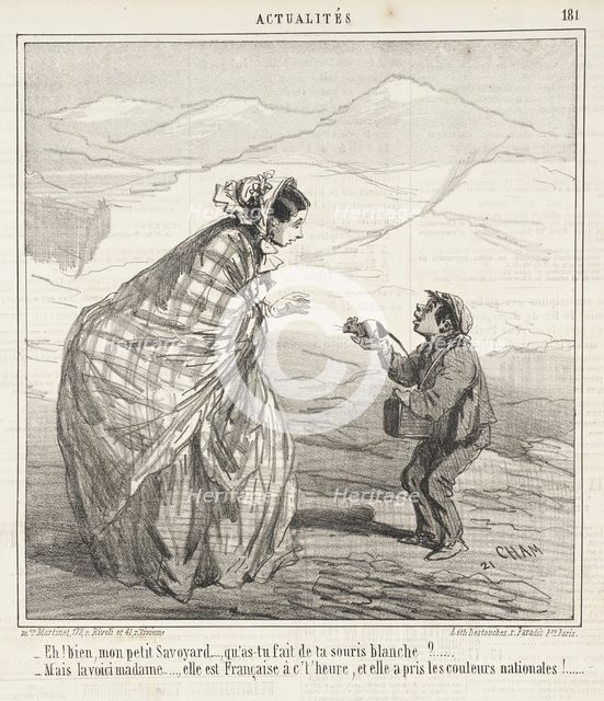 Eh! bien, mon petit Savoyard, qu'as tu fait de ta sourie blanche?...-Mais la voici Madame..., 1860. Creator: Cham.