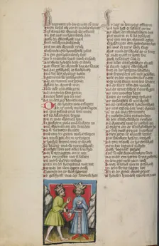 Ehud Killing Eglon; Weltchronik, about 1400-1410. Creator: Unknown