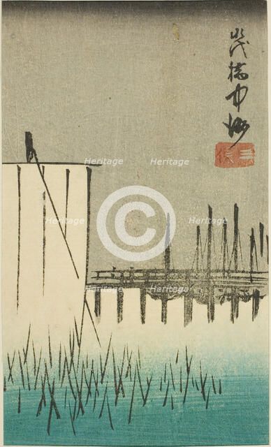 Eitai Bridge, Nakasu, and Mitsumata (Eitaibashi Nakasu Mitsumata), section of a sheet from..., 1852. Creator: Ando Hiroshige.