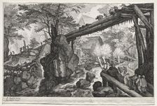 Eight Bohemian Landscapes: Landscape with Log Bridge over Cataract, c. 1610-1615. Creator: Aegidius Sadeler (Flemish, c. 1570-1629)