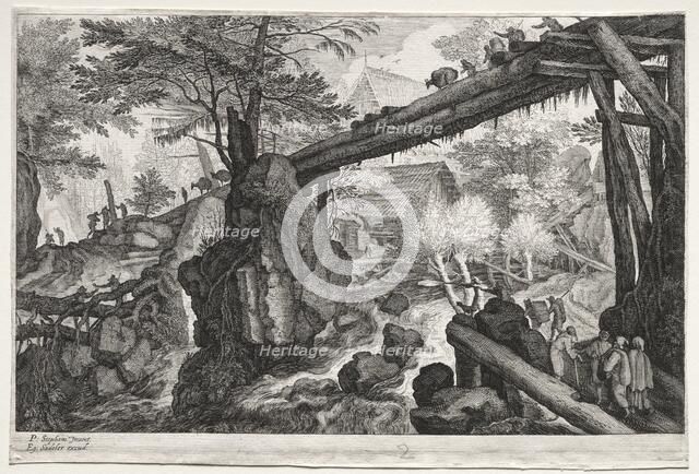 Eight Bohemian Landscapes: Landscape with Log Bridge over Cataract, c. 1610-1615. Creator: Aegidius Sadeler (Flemish, c. 1570-1629).