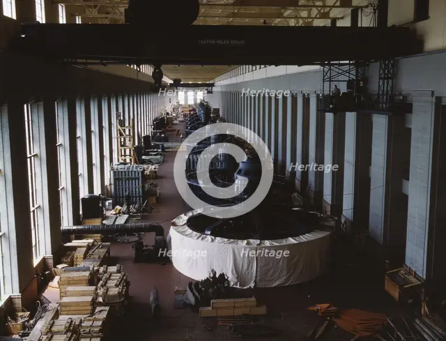 Eight generator units in the generator room of a new...Wilson Dam, Sheffield vicinity, Ala., 1942. Creator: Alfred T Palmer.