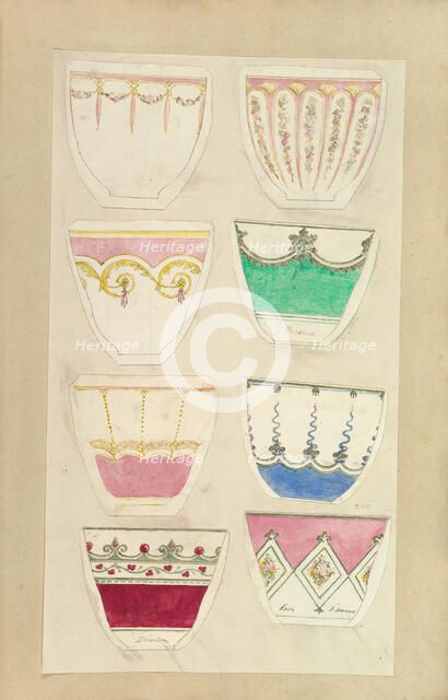 Eight Designs for Decorated Cups, 1845-55. Creator: Alfred Crowquill.