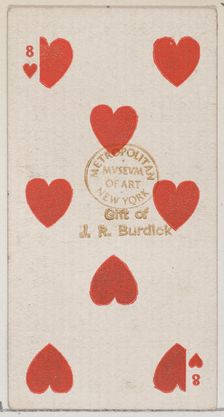 Eight Hearts (red), from the Playing Cards series (N84) for Duke brand cigarettes, 1888., 1888. Creator: Unknown