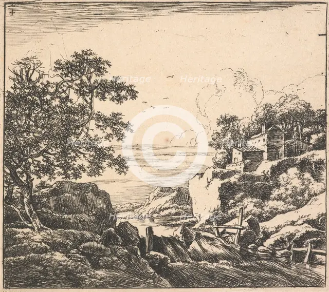 Eight landscapes. Plate 4. The waterfall, 1640-51. Creator: Herman Naiwincx.