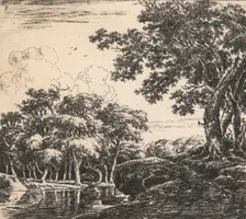 Eight landscapes. Plate 5. Three tall trees on a hill, 1640-51. Creator: Herman Naiwincx