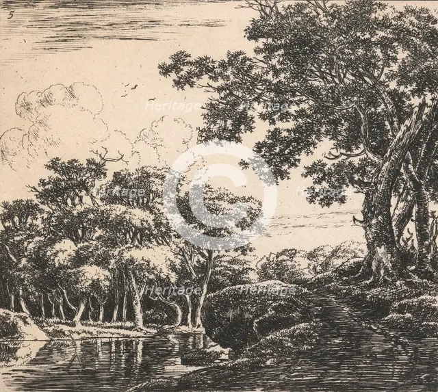 Eight landscapes. Plate 5. Three tall  trees on a hill, 1640-51. Creator: Herman Naiwincx.