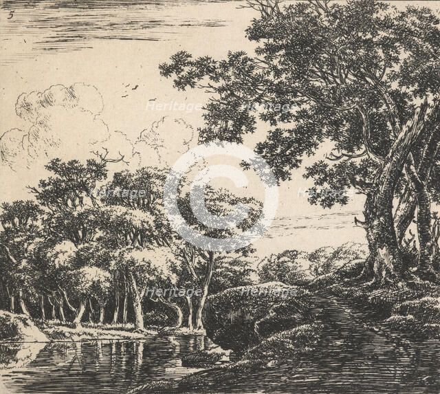 Eight landscapes. Plate 5. Three tall  trees on a hill, 1640-51. Creator: Herman Naiwincx.