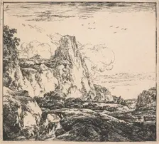 Eight landscapes. Plate 6. Mountainous landscape with tall cliffs, 1640-51. Creator: Herman Naiwincx
