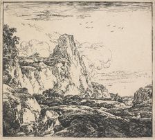Eight landscapes. Plate 6. Mountainous landscape with tall cliffs, 1640-51. Creator: Herman Naiwincx