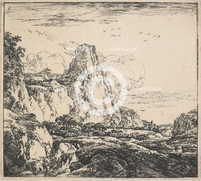 Eight landscapes. Plate 6. Mountainous landscape with tall cliffs, 1640-51. Creator: Herman Naiwincx.
