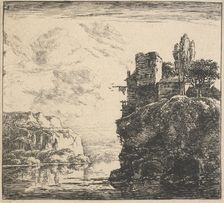 Eight landscapes. Plate 8: A house on a cliff overlooking a lake, 1640-51. Creator: Herman Naiwincx