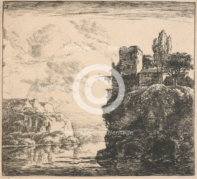 Eight landscapes. Plate 8: A house on a cliff overlooking a lake, 1640-51. Creator: Herman Naiwincx.