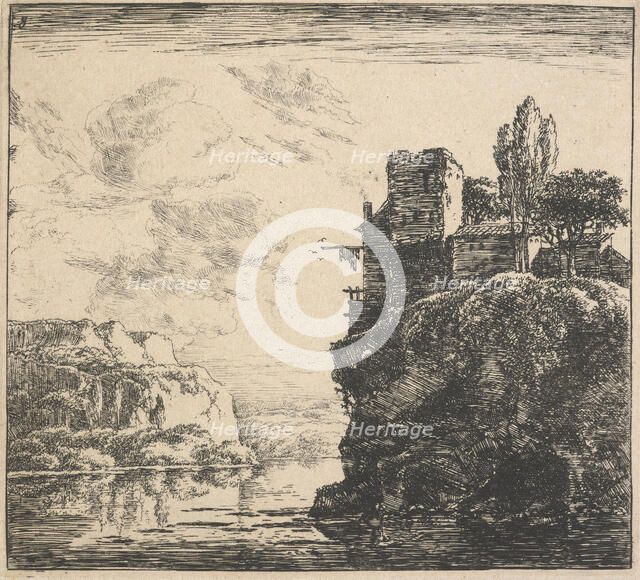 Eight landscapes. Plate 8: A house on a cliff overlooking a lake, 1640-51. Creator: Herman Naiwincx.