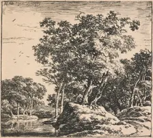 Eight landscapes. Plate 1: Two trees growing on a mound next to a pond, 1640-51. Creator: Herman Naiwincx