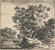 Eight landscapes. Plate 1: Two trees growing on a mound next to a pond, 1640-51. Creator: Herman Naiwincx