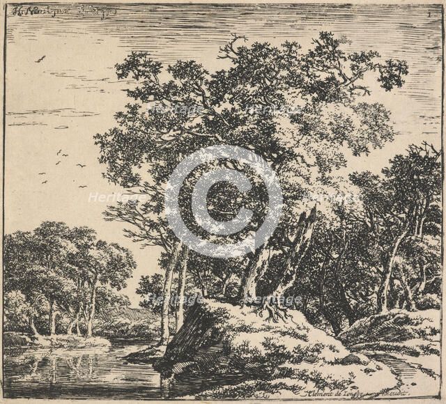 Eight landscapes. Plate 1: Two trees growing on a mound next to a pond, 1640-51. Creator: Herman Naiwincx.