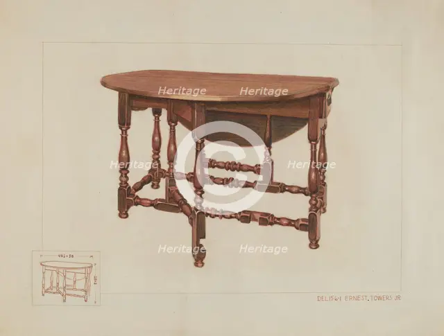 Eight Leg Table with Drawer, c. 1936. Creator: Ernest A Towers Jr.