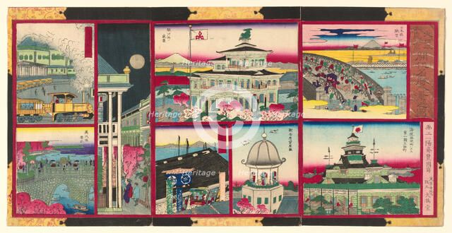 Eight Modern Views of Famous Places in Tokyo of Great Japan (Dai Nippon Tokyo kaika..., 1875. Creator: Utagawa Kunisada II.