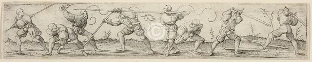Eight Soldiers Engaged in Fencing Exercises, c. 1541. Creator: Virgil Solis.