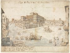 Eighteen Views of Rome: The Piazza Barberini (recto)..., 1665. Creator: Lievin Cruyl (Flemish, c. 1640-c. 1720)