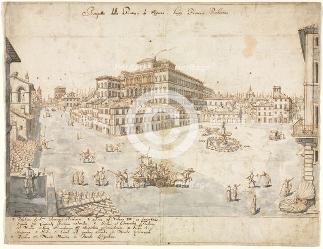 Eighteen Views of Rome: The Piazza Barberini (recto)..., 1665. Creator: Lievin Cruyl (Flemish, c. 1640-c. 1720).