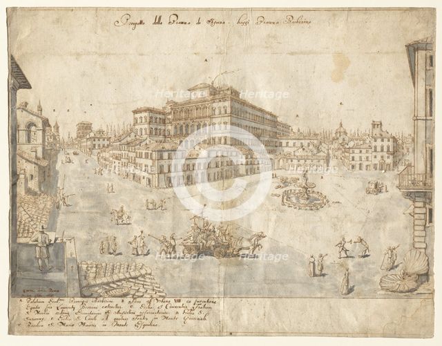 Eighteen Views of Rome: The Piazza Barberini (recto), 1665. Creator: Lievin Cruyl (Flemish, c. 1640-c. 1720).