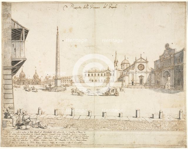 Eighteen Views of Rome: The Piazza del Popolo (recto)..., 1664. Creator: Lievin Cruyl (Flemish, c. 1640-c. 1720).