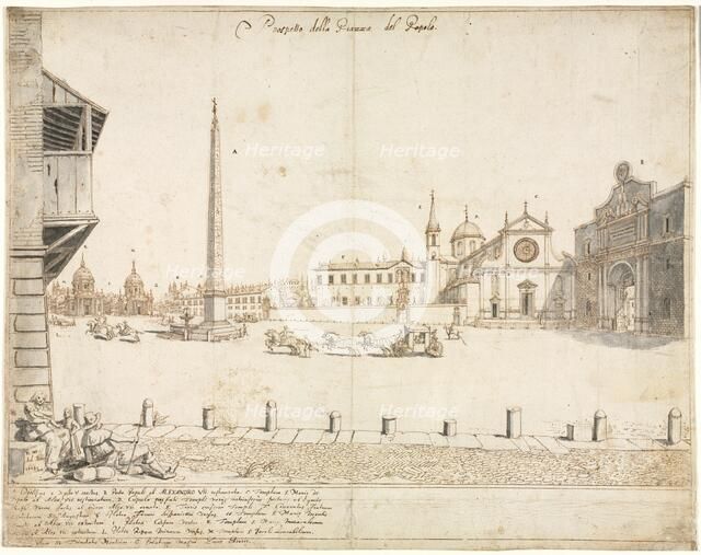 Eighteen Views of Rome: The Piazza del Popolo (recto), 1664. Creator: Lievin Cruyl (Flemish, c. 1640-c. 1720).