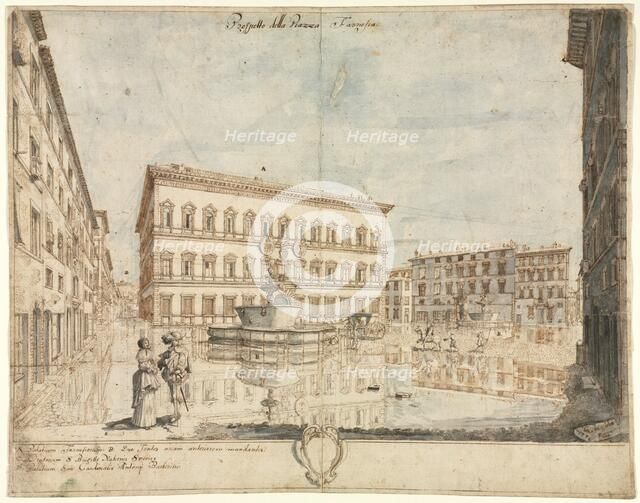 Eighteen Views of Rome: The Piazza Farnese (recto), 1664. Creator: Lievin Cruyl (Flemish, c. 1640-c. 1720).