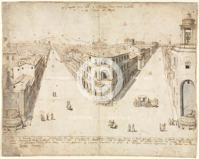 Eighteen Views of Rome: The Quattro Fontane Looking Toward Monte Cavallo, 1665. Creator: Lievin Cruyl (Flemish, c. 1640-c. 1720).