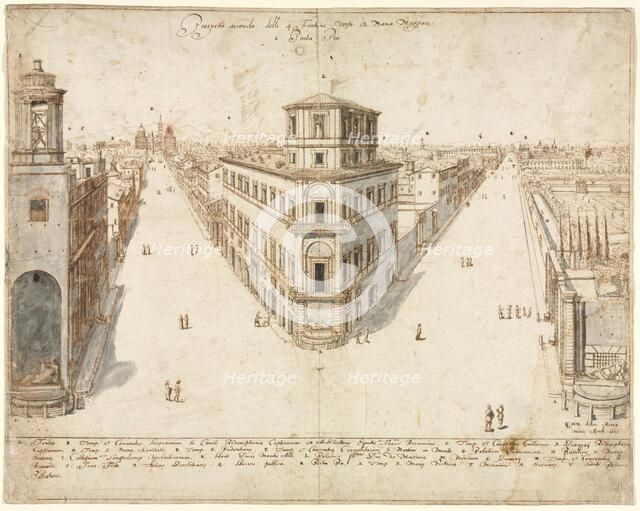 Eighteen Views of Rome: The Quattro Fontane Looking Toward Santa Maria Maggiore, 1665. Creator: Lievin Cruyl (Flemish, c. 1640-c. 1720).
