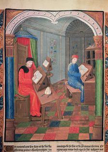 Einhard and Archbishop Turpin writing the history of Charlemagne in the Chroniques de France 1…