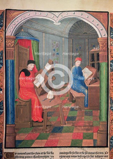 Einhard and Archbishop Turpin writing the history of Charlemagne in the 'Chroniques de France', 1…