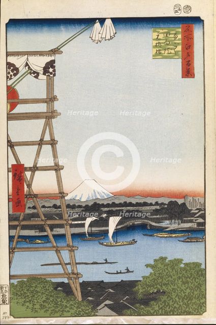 Ekoin Temple in Ryogoku and Moto-Yanagi Bridge (One Hundred Famous Views of Edo), 1856-1858. Artist: Hiroshige, Utagawa (1797-1858)