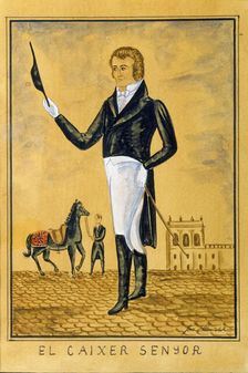 El Caixer Senyor colored engraving, character of the feasts of St. John in Ciutadella, plays a …