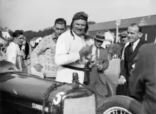 EL Bouts and his Sunbeam, Surbiton Motor Club race meeting, Brooklands, Surrey, 1928. Artist: Bill Brunell