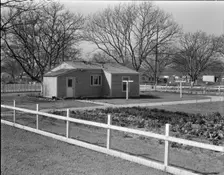 El Monte federal subsistence housing - 100 homes all occupied, California, 1936. Creator: Dorothea Lange
