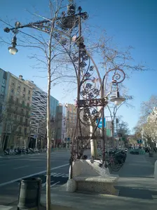 Elaborate art nouveau style lamppost on Passeig de Gracia, Barcelona's main boulevard, Spain, 2020. Creator: Ethel Davies