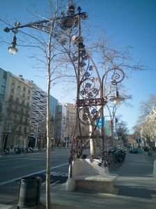 Elaborate art nouveau style lamppost on Passeig de Gracia, Barcelona's main boulevard, Spain, 2020. Creator: Ethel Davies