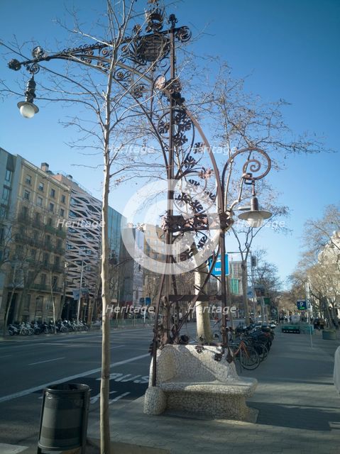Elaborate art nouveau style lamppost on Passeig de Gracia, Barcelona's main boulevard, Spain, 2020. Creator: Ethel Davies.