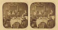 Elder man and woman at table eating, servant in background, 1855-1860. Creator: Unknown