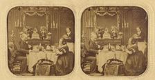 Elder man and woman at table eating, servant in background, 1855-1860. Creator: Unknown