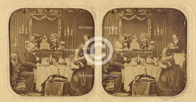 Elder man and woman at table eating, servant in background, 1855-1860. Creator: Unknown.