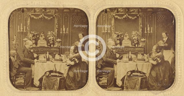 Elder man and woman at table eating, servant in background, 1855-1860. Creator: Unknown.