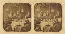 Elder man and woman at table eating, servant in background, 1855-1860. Creator: Unknown