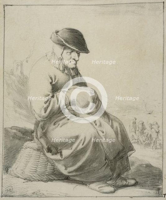 Elderly woman sitting on an upside down basket, 1630s. Creator: Pieter Jansz. Quast.