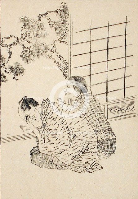 Elderly Couple Worshipping the Rising Sun, c1850. Creator: Kawanabe Kyosai.