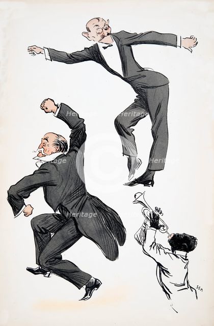 Elderly gentleman in tails and younger gentleman in black tie dance to a musician playing trumpet, f